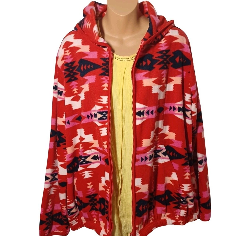 Wrangler Retro Womens Red Southwestern Fleece Full Zip Hoodie Jacket M Aztec